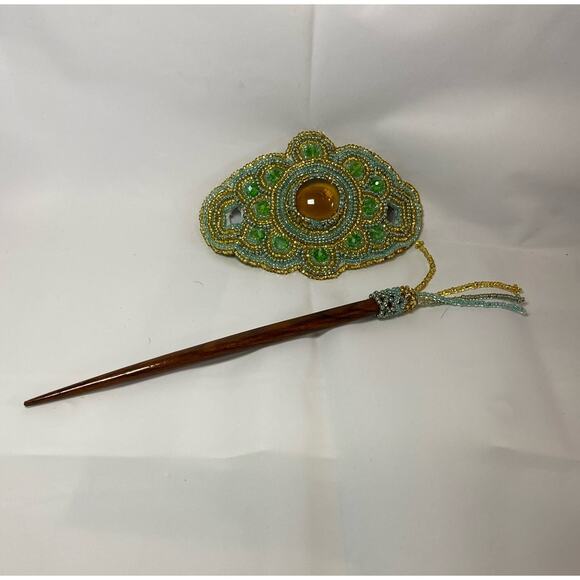 Handmade Beaded Ponytail Hair Accessory Green/Multi Tone Ponytail Beaded BoHo - Picture 3 of 6